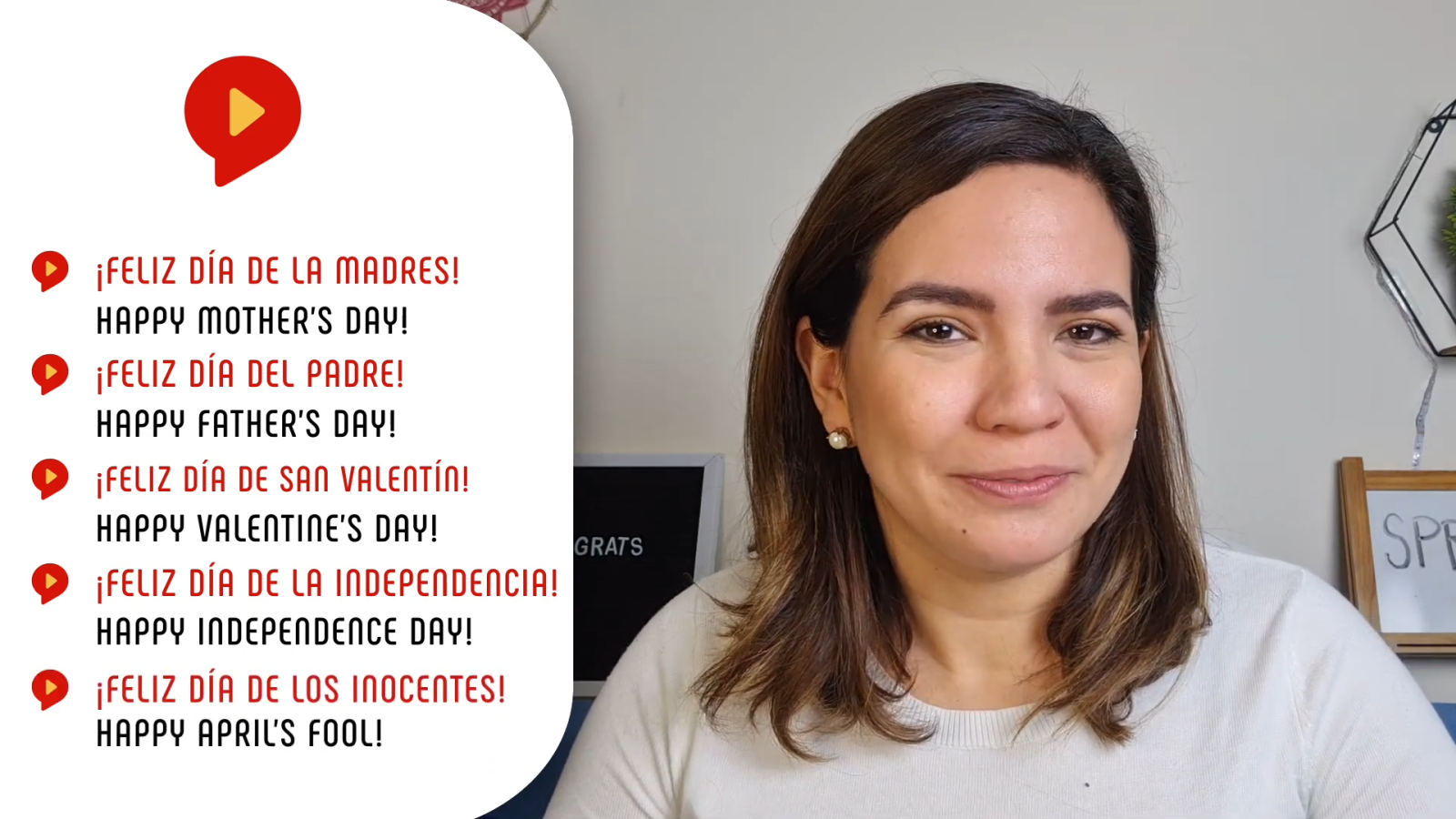 congratulations in spanish feliz dia text with female teacher on the right side of the image
