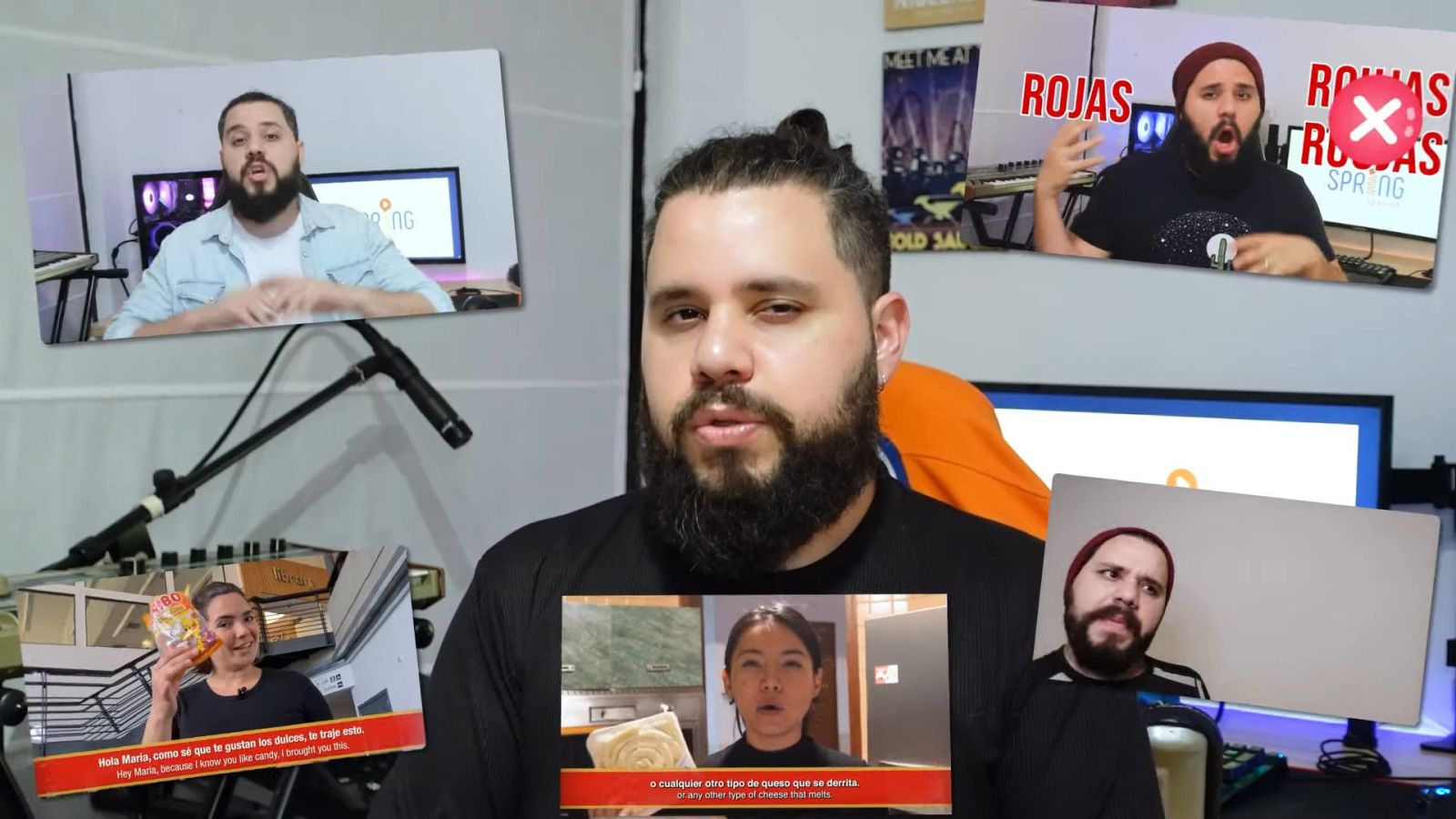 A man with a beard and mustache is sitting in front of a computer screen, surrounded by five smaller images of different people. The main background image shows him looking directly at the camera with a serious expression. The smaller images around him show various expressions and activities: one person holding a package of candy with a subtitle in Spanish and English, another person holding a plate of food with subtitles, and a man in a red beanie making animated gestures with the word "ROJAS" behind him. The setting is a discussion about living in a Spanish speaking country to learn Spanish.