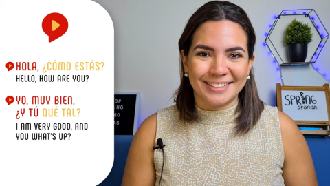 como estas screenshot from youtube video with a woman and spanish and english example sentences on the left side